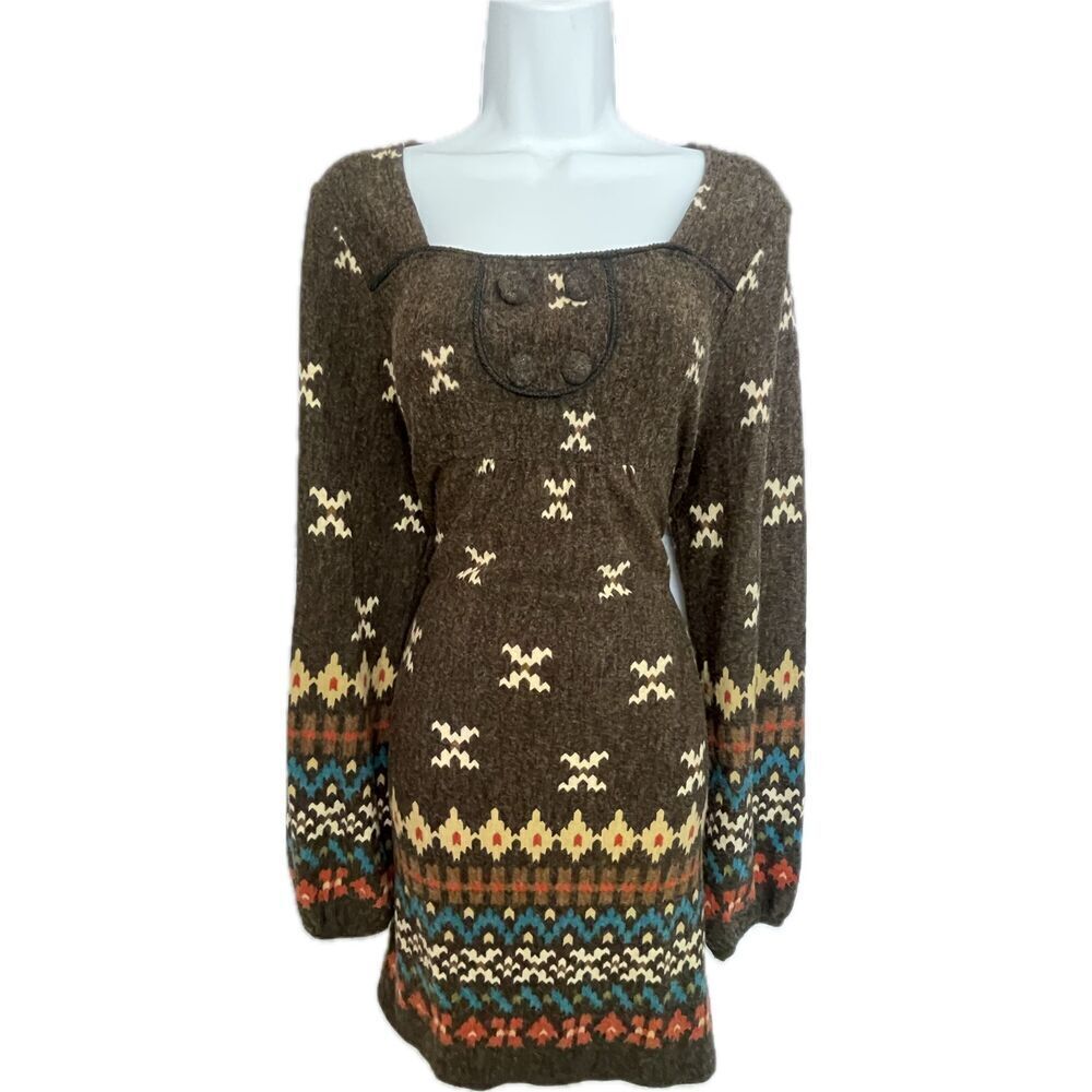 Hazel Boho Knit Long Bishop Sleeve Brown Dress Women’s Size L Cottagecore